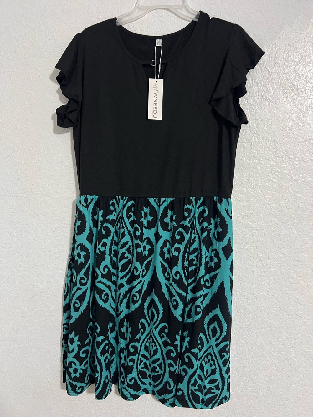 Wneedu Women Black And Blue Ruffle Sleeve Midi Dress Stretch NWT Size XL #771
